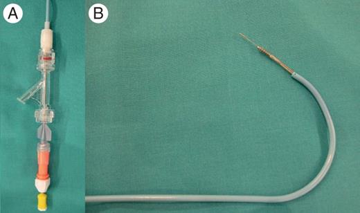 Left atrial Crosse™ transseptal set which includes a guiding catheter, the TPSC and the puncture stylet: (A) distal end of the system. (B) Proximal end of the system.
