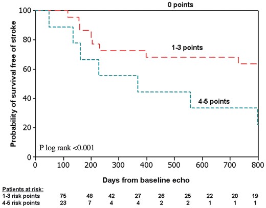 Kaplan–Meier estimates of the probability of survival free of stroke by the number of risk points in all study patients. ‘Baseline echo’ refers to the echocardiographic study performed 3 months after index surgery. See text for score calculation.