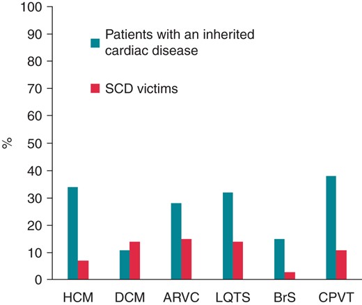 Average mutation rates in heart genes in cardiac patients and SCD victims. The figure shows the mean percentage of likely pathogenic mutations found in the reviewed studies related to HCM,26,53–67 DCM,26,53,79–84,100 ARVC,26,53,69–78 LQTS,26–28,30–40,101 BrS,26–28,40,47–49,102 and CPVT.40,42–46,103 The percentages indicate the average frequency rates of mutations in the genes associated with the different diseases. The columns ‘Patients with an inherited cardiac disease’ show results from the clinical studies and the columns ‘SCD victims’ show results from the post-mortem studies. HCM, hypertrophic cardiomyopathy; DCM, dilated cardiomyopathy; ARVC, arrhythmogenic right ventricular cardiomyopathy; LQTS, long QT syndrome; BrS, Brugada syndrome; CPVT, cathecholaminergic polymorphic ventricular tachycardia.