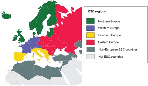 Geographic representation of the 56 ESC countries. The European regions were composed according to the UN Statistics Division (http://unstats.un.org/unsd/methods/m49/m49regin.htm).
