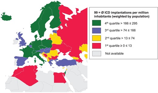 Implantable cardioverter-defibrillator implantations per million inhabitants in the ESC countries in 2014.