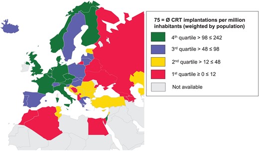 Cardiac resynchronization therapy device implantations per million inhabitants in the ESC countries in 2014.