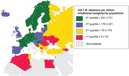 Catheter ablations per million inhabitants in the ESC countries in 2014.