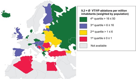 Ablations for VT or VF per million inhabitants in patients with structural heart disease in 2014.