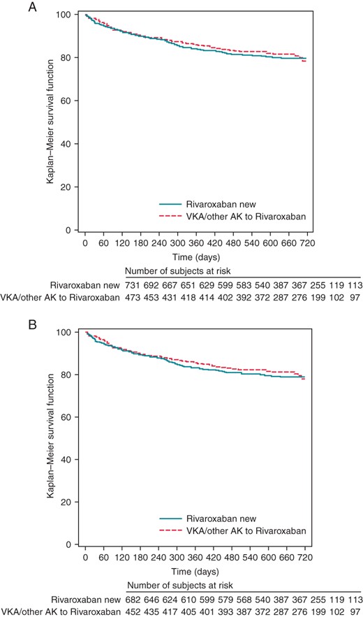 Kaplan–Meier analysis of persistence to rivaroxaban treatment for all patients (A) and for all patients who were observed for at least 12 months (B), according to VKA pre-treatment.
