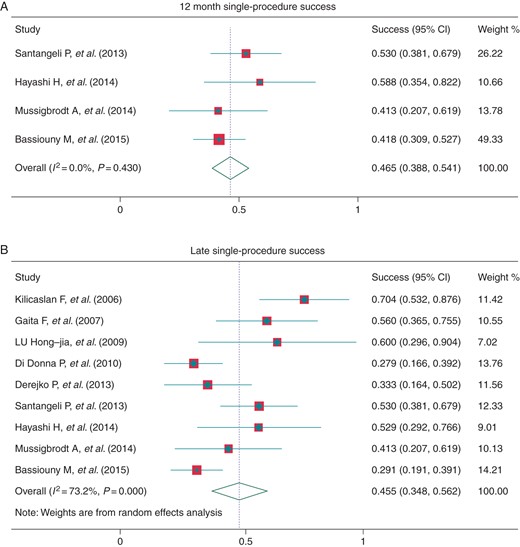Single-procedure success at 12 months post-procedure (A) and at late follow-up (B).