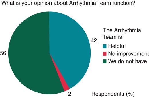 Replies regarding the responses on the effective utility of the Arrhythmia Team. No improvement, ‘I support its existence, but it has not led to a considerable improvement of patients’ management’; We do not have, ‘We do not have an arrhythmia team’.