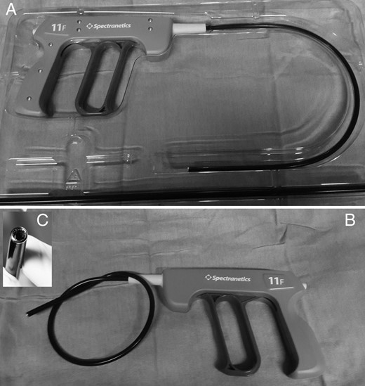 TightRail™ Mechanical Dilator Sheath was illustrated. (A) The system in original pocket including device and outer sheath seperately. (B) The higher flexibility of the TightRail™ shaft and (C) shielded distal metal blade.