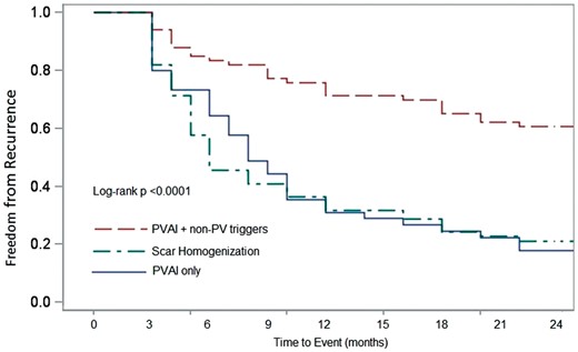 Kaplan–Meier log-rank test indicated the probability of AF-free survival after the first procedure was significantly higher in PVAI+ non-PV trigger ablation group.