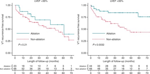 Kaplan–Meier curves for VT recurrence by left ventricular ejection fraction.