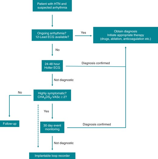 Proposed ‘workup’ standard for patients with hypertension and suspected cardiac arrhythmias. HTN, Hypertension; ECG, Electrocardiogram.