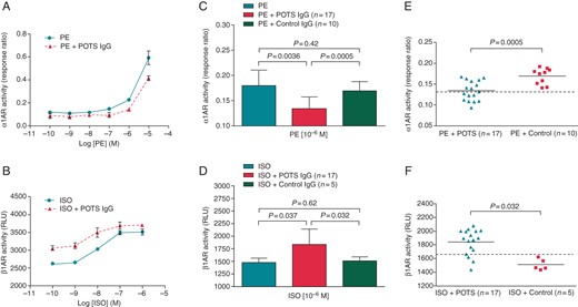 Effects of IgG (0.1 mg/mL) from POTS patients on PE and ISO responses in cell-based assays. IgG from 3 POTS patients with α1AR-activating activity shifted the PE dosage response curve to the right indicating an inhibitory allosteric effect (A). In contrast, IgG from 3 β1AR antibody-positive POTS patients shifted the ISO dosage response curve to the left compatible with a positive allosteric effect. Control IgG failed to alter these curves. When IgG from all 17 POTS patients was tested in the presence of PE (1 µM) or isoproterenol (1 µM), there was a significant decrease in the PE response compared with PE alone and control IgG (C) and a significant increase in the ISO response compared with ISO alone and control IgG (D). Control IgG showed minimal modulating effects. Individual data from (C) and (D) for the POTS and control subjects are shown in (E) and (F), respectively. The dashed line is the threshold derived from the control mean values—2SD for the α1AR-modulating effect or control mean values + 2SD for the β1AR-modulating effect.