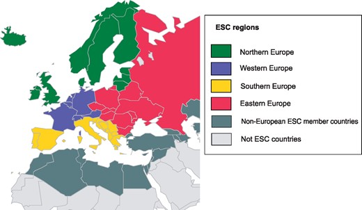 Geographic representation of the 56 European Society of Cardiology (ESC) member countries. The European regions were composed according to the UN Statistics Division (http://unstats.un.org/unsd/methods/m49/m49regin.htm).