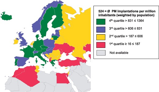 Pacemaker implantations per million inhabitants in the ESC member countries in 2016. The mean number of implantations is weighted by population.