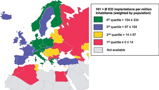 Implantable cardioverter-defibrillator implantations in the ESC member countries in 2016.