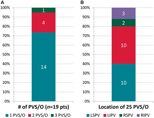 Characteristics of PVS/Os. (A) Distribution of PVS/Os among patient cohorts. (B) Location of PVS/Os.