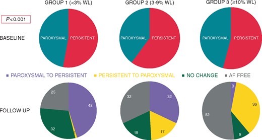Change in AF type between groups. Pie graphs demonstrating baseline and follow-up of patients change in AF type. AF, atrial fibrillation; WL, weight loss.