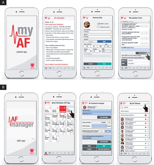 Screenshots of the patient app (A) and the health care professional app (B). Both apps available free of charge for Android and iOS through the Google Play, Amazon, and Apple stores. The standalone AF treatment manager can also be accessed through the ESC Pocket Guidelines app (AF section). All names displayed in the figure are fictitious.