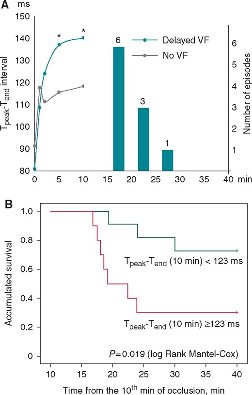 Predictive value of the Tpeak-Tend interval. (A) The time course of the Tpeak-Tend interval changes in subgroups of pigs with delayed arrhythmias (Delayed VF) and VF-resistant pigs (No VF) during the LAD occlusion period prior to the period of delayed VF (15–30 min). *P < 0.05 Delayed VF vs. No VF group. The vertical bars and numbers indicate the number of VF episodes observed in each 5 min interval. (B) Kaplan–Meier survival function analysis for the animals with the 10th min Tpeak-Tend interval duration above and below the cutoff value of 123 ms. LAD, left anterior descending coronary artery; VF, ventricular fibrillation.