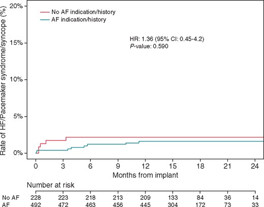 Rate of HF/pacemaker syndrome/syncope events in patients with and without AF indication or history. Subdistributional HR from the Fine–Gray competing risk model derived from data through 24 months post-implant for each cohort by comparing the cumulative incidence of safety outcomes in the presence of competing risk of death for any reason. AF, atrial fibrillation; HF, heart failure; HR, hazard ratio.