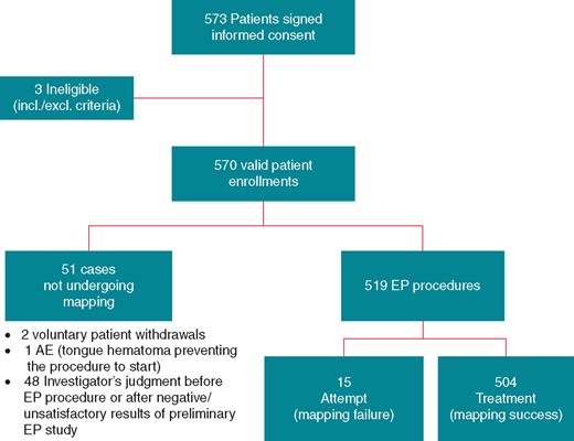 Subjects enrolment flowchart. AE, adverse event; EP, electrophysiology.