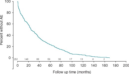 Kaplan–Meier curves for the entire time span. The percentage of patients without an AE by months of follow-up. AE, arrhythmic event.