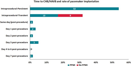 Time to bradyarrhythmic event and rate of PPMI. CHB/HAVB, complete or high-degree atrioventricular block; PPMI, permanent pacemaker implantation.