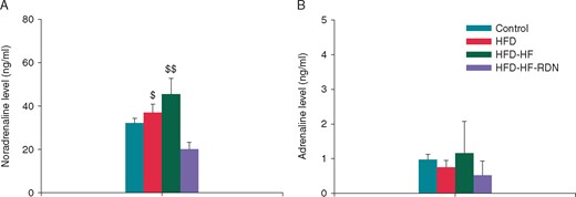 Comparisons of renal catecholamine levels among the four groups. (A) Noradrenaline level. (B) Adrenaline level. HF, heart failure; HFD, high-fat diet; RDN, renal denervation. $P < 0.05 vs. HFD-HF-RDN and $$P < 0.01 vs. HFD-HF-RDN.