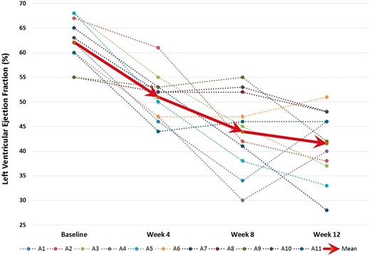 Trends in left ventricular ejection fraction in the 11 canines over 12 weeks with persistent bigeminal PVC at 200 ms. PVC, premature ventricular contraction.
