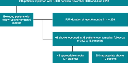 Patient flow chart. FUP, follow-up; S-ICD, subcutaneous implantable cardioverter-defibrillator.