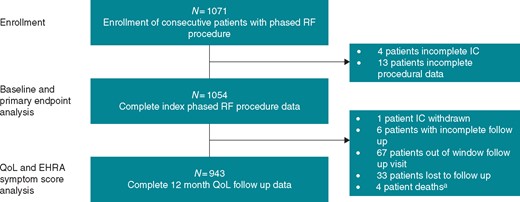 Patient selection and disposition. aNo device- or procedural-related deaths reported. EHRA, European Heart Rhythm Association; IC, informed consent; RF, radiofrequency.