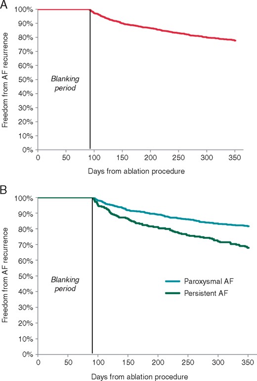 (A) Freedom from AF recurrence at 12 months and (B) 12 months in paroxysmal and persistent cohorts. AF, atrial fibrillation.