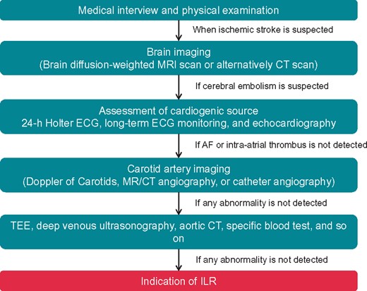 Proceeding of evaluation for cryptogenic stroke. AF, atrial fibrillation; CT, computed tomography; ECG, electrocardiogram; ILR, implantable loop recorder; MRI, magnetic resonance imaging; TOE, transoesophageal echocardiography.