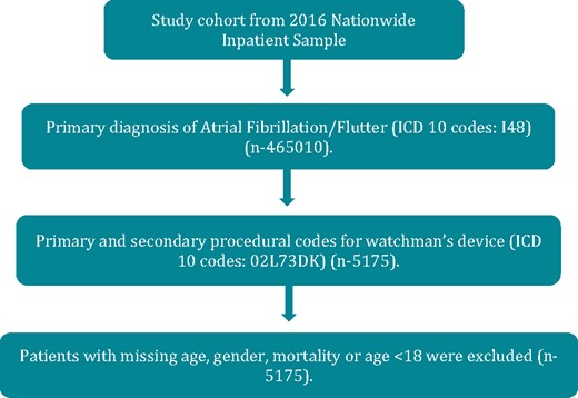 Diagram showing steps of patients inclusion using Nationwide Inpatient Sample. ICD, implantable cardioverter-defibrillator.