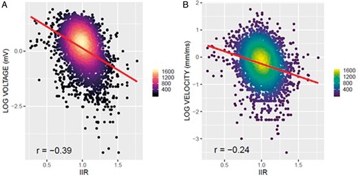Global correlation between EAM parameters and IIR. Association between voltage, conduction velocity, and IIR. (A) Negative correlation between bipolar voltage and IIR (r = −0.39). (B) Negative correlation between conduction velocity and IIR (r = −0.25). EAM, electroanatomic maps; IIR, image intensity ratio.
