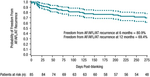 Kaplan–Meier analysis of 6- and 12-month effectiveness endpoint, time to first documented symptomatic effectiveness failure (per-protocol population, N = 85). AF, atrial fibrillation; AFL, atrial flutter; AT, atrial tachycardia.