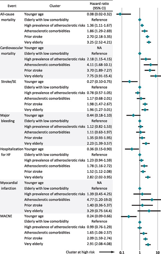 Hazard ratios on multivariate analysis for clinical outcomes. Hazard ratios (95% confidence interval) were presented. They were adjusted by OAC, APD, digitalis, β-blockers, AAD, ACE-I/ARB, statins, CCB, loop diuretics, catheter ablation, DC, PCI, CABG, HD, and cardiac device. AAD, antiarrhythmic drugs; ACE-I, angiotensin-converting enzyme inhibitor; APD, antiplatelet drugs; ARB, angiotensin II receptor blocker; CABG, coronary artery bypass graft; CCB, calcium channel blockers; DC, direct current conversion; HD, haemodialysis; HF, heart failure; MACNE, major adverse cardiovascular or neurological events; NA, not applicable; OAC, oral anticoagulants; PCI, percutaneous coronary intervention; SE, systemic embolism.