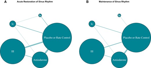 Network diagram of acute restoration and maintenance of sinus rhythm. The size of each node is proportional to the number of participants. The size of each edge reflects the number of studies for that comparison.