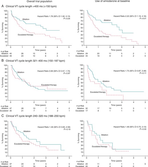 Primary outcome, by clinical VT cycle length. The primary outcome was a composite of death at any time or VT storm (three or more documented episodes of VT within 24 h) or appropriate ICD shock after a 30-day treatment period. Kaplan–Meier survival curves for the primary outcome between escalated antiarrhythmic drug therapy and catheter ablation are shown, by presenting VT cycle length, for the overall trial population (N = 259) and for those taking amiodarone at baseline (N = 169). Log-rank P-values and unadjusted hazard ratios (escalated therapy vs. catheter ablation) are also presented. CI, confidence interval; VT, ventricular tachycardia.