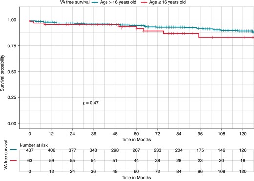 Kaplan–Meier curves of survival free from ventricular arrhythmia occurrence in Brugada syndrome by age group: paediatric cohort (≤16 years) vs. adult cohort (>16 years). Kaplan–Meier curve of survival free from ventricular arrhythmia (VA) occurrence. There was no difference in VA-free survival between paediatric Brugada syndrome (BrS) patients (red, lower curve) and adult BrS patients (blue, upper curve) (87.3 vs. 90.8%, Log-rank P = 0.47).