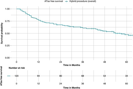 Kaplan–Meier curves of survival free from any atrial tachyarrhythmias recurrence in the whole cohort. Kaplan–Meier curve of survival free from any atrial tachyarrhythmias (ATas) occurrence in the whole (120-patient) cohort. After a mean follow-up of 62.3 months ± 20.3, freedom from ATas recurrence was obtained in 47.5% of patients.