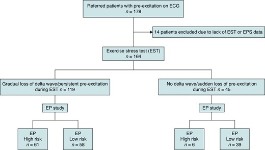Electrophysiological high-risk: APERP/SPERRI ≤ 250 ms. APERP/SPERRI, accessory pathway effective refractory period/shortest pre-excited RR interval; EP study, electrophysiological study.