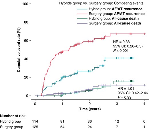 The cumulative rates for the primary efficacy endpoint (AF/AT >6 min). Fine–Gray curves are plotted for SG and HG. All-cause death was used as a competing risk event to assess the difference between the SG and the HG. HR, hazard ratio; CI, confidence interval.