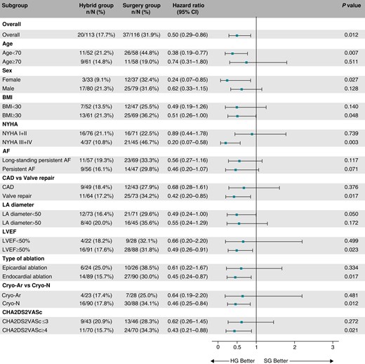Subgroup analysis for the primary clinical endpoint. The forest plot derived from Cox regression analysis shows HR estimates (squares) with 95% CI (horizontal bars) for the treatment effects (HG vs. SG) in prespecified subgroups. The widths of the CI and P-values are not adjusted for multiple comparisons. AF, atrial fibrillation; BMI, body mass index; CAD, coronary artery disease; CI, confidence interval; Cryo-Ar, argon-based cryoablation; Cryo-N, nitrogen-based cryoablation; HG, hybrid group; LA, left atrium; LVEF, left ventricular ejection fraction; NYHA, New York Heart Association classification of heart failure; SG, surgery group.