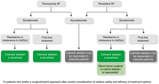 Suggested advice for catheter ablation in patients with paroxysmal or persistent AF in relation to the presence of AF-related symptoms. AAD, antiarrhythmic drug; AF, atrial fibrillation.