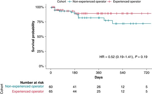 Survival analysis of the overall cohort with successful acute ablation depending on operator experience. P-value given by the log-rank test for the full follow-up length; HR, hazard ratio.