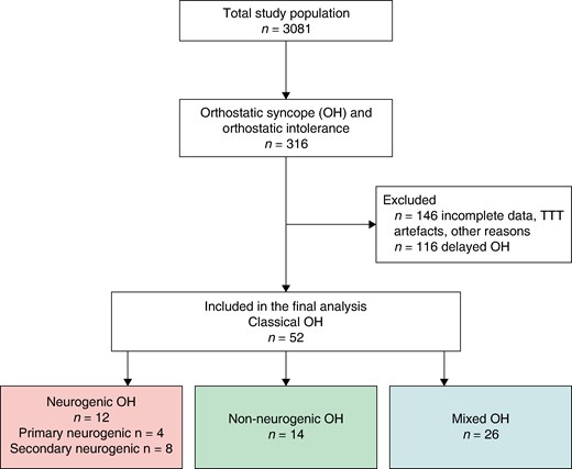 Flowchart. OH, orthostatic hypotension; POTS, postural orthostatic tachycardia syndrome; TTT, tilt table test; VVS, vasovagal syncope.