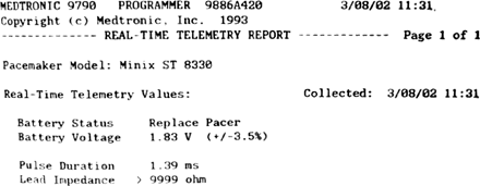 Real time telemetry. Battery depletion detected at 1.83 V. Extremely low battery voltage.