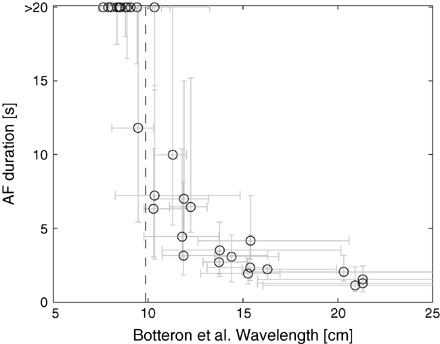 Critical wavelength. Atrial fibrillation (AF) duration as a function of the wavelength estimated using Botteron's method. The vertical dashed line indicates the critical wavelength.