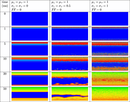 Virtual electrode polarization in uniform (left column) and non-uniform (centre column and right column) resting cardiac tissue. The anode was a line electrode at the top and the cathode a line electrode at the bottom of the tissue. A uniform electric field was applied during 10 ms. Shown are the membrane potentials for different simulation times during and after field stimulation. Depolarized tissue is coloured light and hyperpolarized or resting tissue dark.